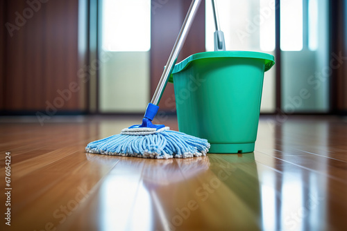 Close up view of mop and bucket on parquet floor of room. Housekeeping, cleaning concept