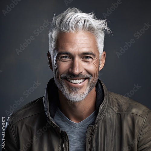 smiling gray man with silver hair, youthful energy, minimalistic approach, smooth surface
