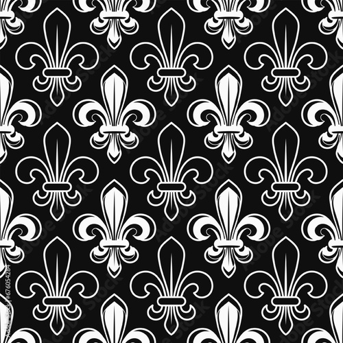 Geometric black and white pattern with fleur de lis symbol. Diagonal square grid. Illustration for Mardi Gras carnival. Vintage illustration for prints, clothing, holiday, surface design