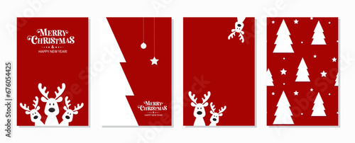 Cute Christmas reindeer on a red background. Christmas background, banner, or card. photo