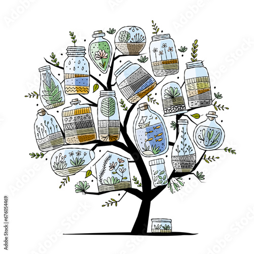 Florarium tree, concept art. Bottle set with cactuses, succulents, leaves, br...