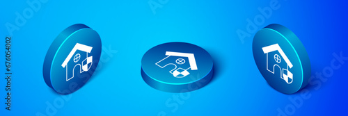 Isometric House with shield icon isolated on blue background. Insurance concept. Security, safety, protection, protect concept. Blue circle button. Vector