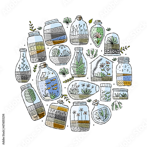 Florarium in bottle set with cactuses, succulents, leaves, branches, stones a...