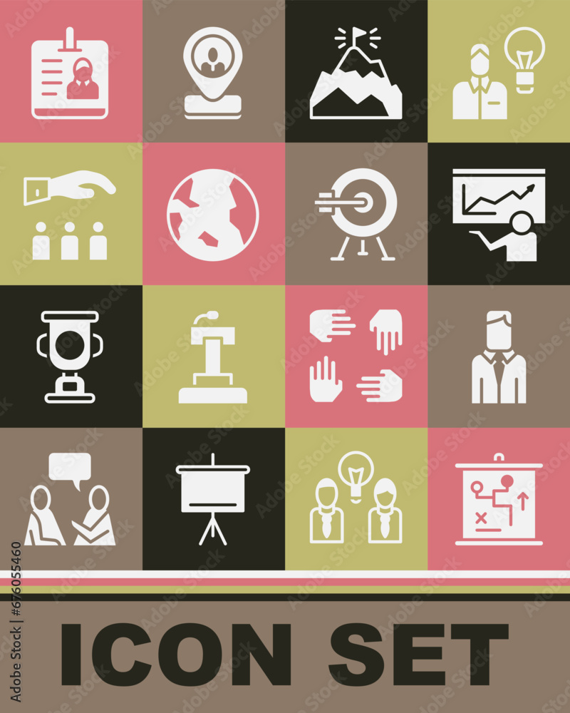Set Planning strategy concept, Worker, Training, presentation, Mountains with flag, Earth globe, Boss employee, Identification badge and Target arrow icon. Vector Set Planning strategy concept, Worker, Training, presentation, Mountains with flag, Earth globe, Boss employee, Identification badge and Target arrow icon. Vector