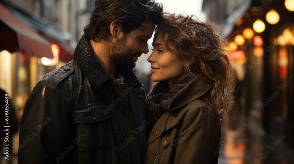 passionate couple in love outside in the rain