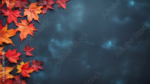 Autumn composition with color leaves ornament on black slate board with copy space. bright maple foliage season autumn text retro country style flat lay top view dark background