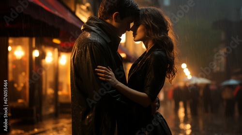 passionate couple in love outside in the rain