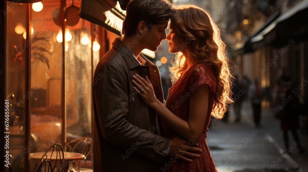 passionate couple in love outside in the rain