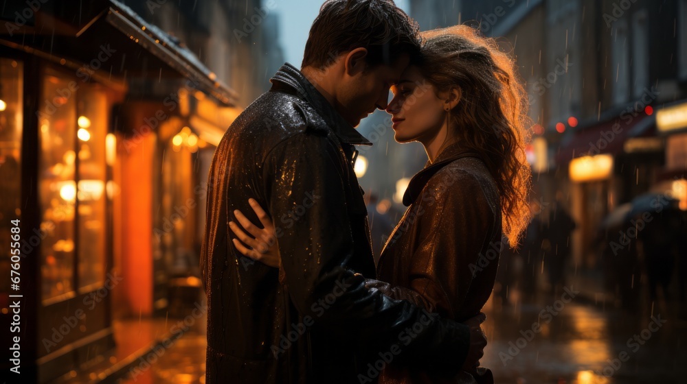 passionate couple in love outside in the rain