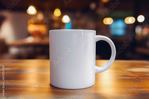 Blank white 15 oz ceramic mug mockup on a wooden surface