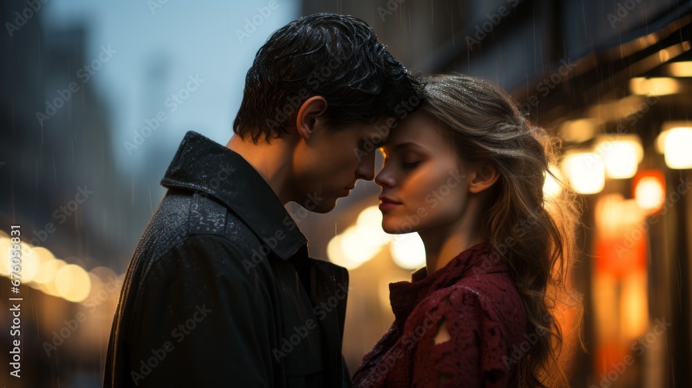 a couple in love saying goodbye in the evening street a couple in love saying goodbye in the evening street