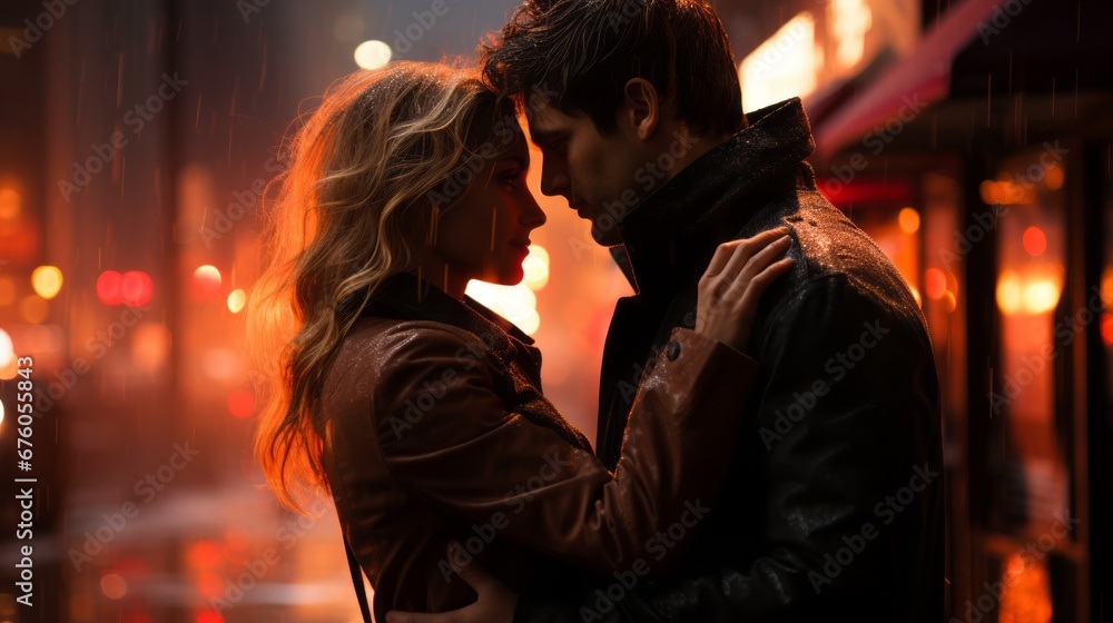a couple in love saying goodbye in the evening street a couple in love saying goodbye in the evening street