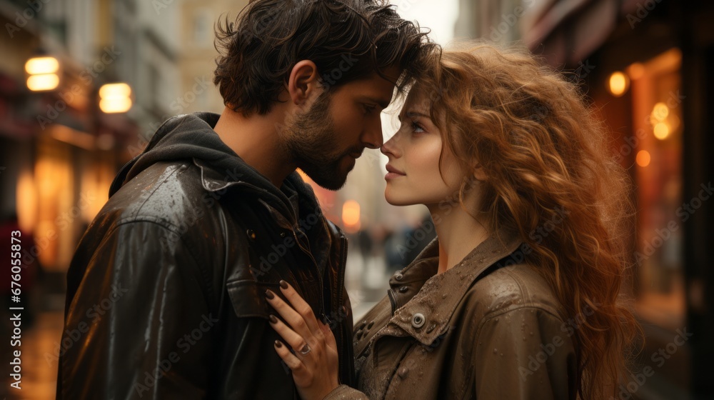 a couple in love saying goodbye in the evening street a couple in love saying goodbye in the evening street