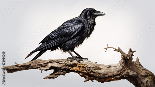 portrait of a raven on a branch, isolated on transparent background