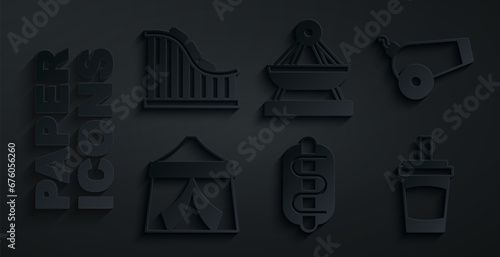 Set Hotdog sandwich, Cannon, Circus tent, Paper glass with water, Boat swing and Roller coaster icon. Vector