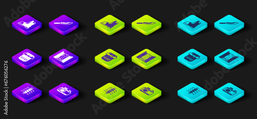 Set Centipede insect, Photo camera, Hiking backpack, Waterfall, Machete and Hunter boots icon. Vector