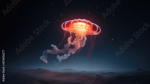  a jellyfish floating in the air with a red light coming out of it's mouth and a black background. generative ai