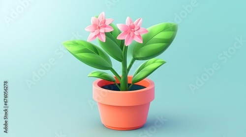 Plant in a pot, flowering, with leaves. Concept of gardening. 3d vector symbol. Minimalist cartoon aesthetic