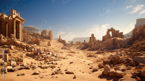 Enchanted Desert Ruins In Warm Sand. Fantastical Desert Ruins Wallpaper And Background. Ancient Old Desert Ruins Landscape. Generative AI photo