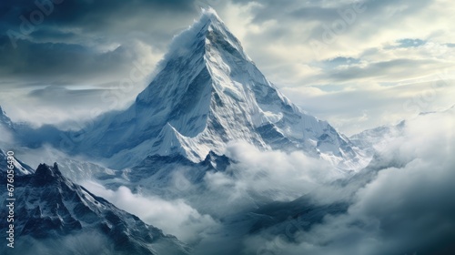  a very tall mountain in the middle of the sky with a lot of clouds around it in the foreground.  generative ai