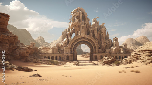 Enchanted Desert Ruins In Warm Sand. Fantastical Desert Ruins Wallpaper And Background. Ancient Old Desert Ruins Landscape. Generative AI