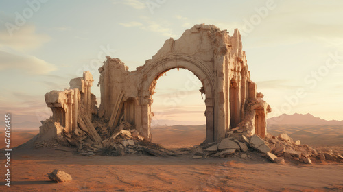 Enchanted Desert Ruins In Warm Sand. Fantastical Desert Ruins Wallpaper And Background. Ancient Old Desert Ruins Landscape. Generative AI