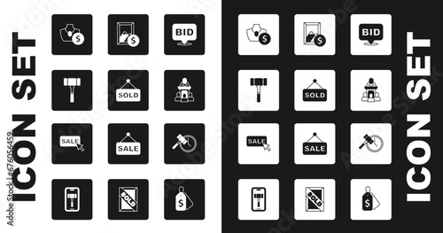 Set Bid, Auction sold, hammer, jewelry sale, auctioneer sells, painting, and Price tag with Sale icon. Vector