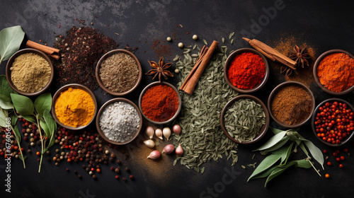 Fototapeta Naklejka Na Ścianę i Meble -  Top view of Herbal Spices on table, cooking ingredients with copy space, Food background