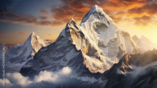  a painting of a mountain with clouds in the foreground and a setting sun in the sky in the background. generative ai