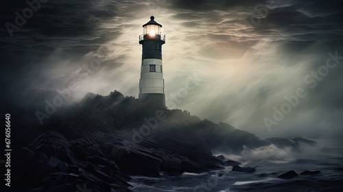  a lighthouse sitting on top of a rocky cliff in the middle of a body of water under a cloudy sky.  generative ai