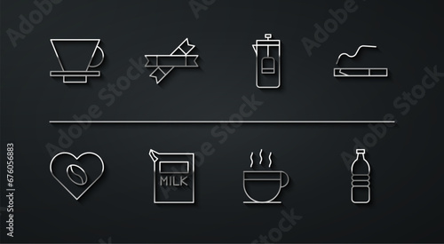 Set line V60 coffee maker, Coffee Lovers, Cigarette, cup, Paper package for milk, Sugar stick packets, Bottle water and French press icon. Vector