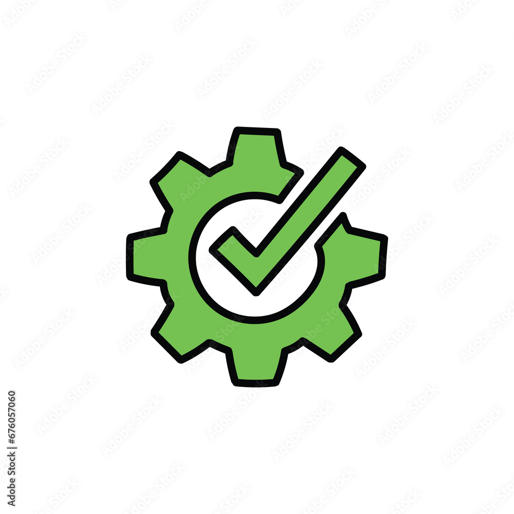 Hand-drawn cartoon doodle technical gear icon with check mark on a white background. Hand-drawn cartoon doodle technical gear icon with check mark on a white background.