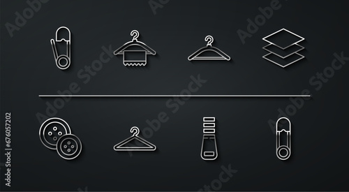 Set line Safety pin, Sewing button, Layers clothing textile, Zipper, Hanger wardrobe, and icon. Vector