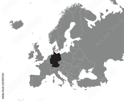 Black CMYK national map of GERMANY inside detailed gray blank political map of European continent on transparent background using Mercator projection