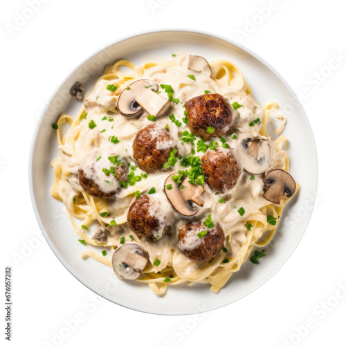 Delicious Plate of Fettuccine with Meatballs and Mushrooms Isolated on a Transparent Background 