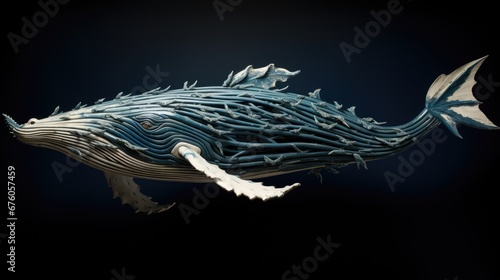  a sculpture of a humpback whale in blue and white, on a black background with a black background. generative ai