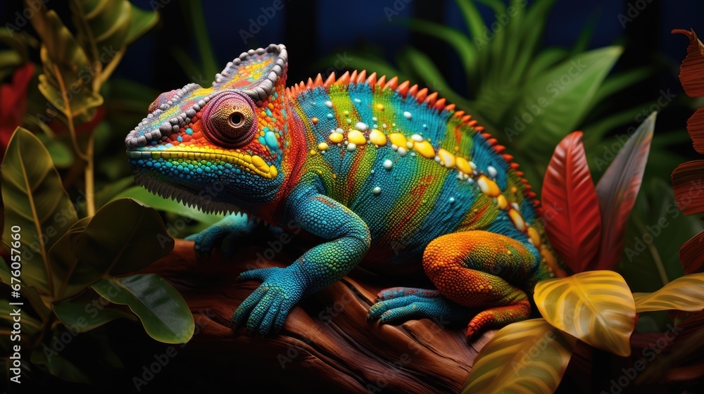 a colorful chamelon sitting on top of a tree branch in front of a green leafy area with red, yellow, and green leaves. generative ai a colorful chamelon sitting on top of a tree branch in front of a green leafy area with red, yellow, and green leaves. generative ai
