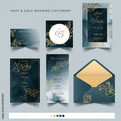 navy gold wedding stationery template design vector illustration