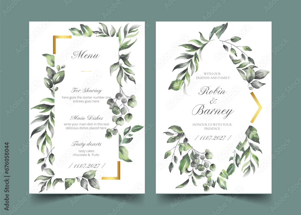 wedding invitation menu template with watercolor leaves design vector illustration