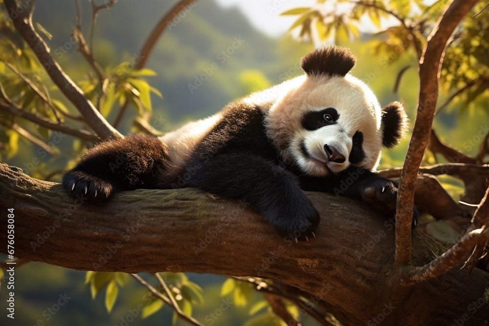 Fototapeta premium A giant panda is lying on tree