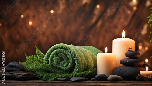 Towel on fern with candles and hot stone on wooden background. backdrop with copy space