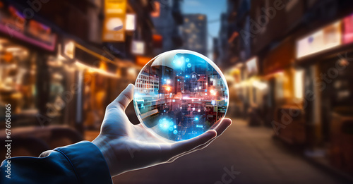 A hand holds a transparent sphere showing a city with digital effects  suggesting a futuristic or tech-influenced vision