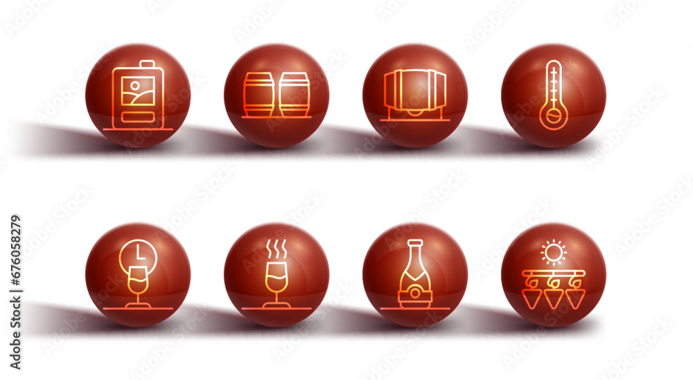 Set line Cardboard box of wine, Wine time, Meteorology thermometer, Champagne bottle, tasting, degustation, Wooden barrel for, Drying grapes and icon. Vector