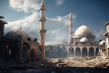 A picture of a ruined city with a mosque in the background. This image can be used to depict the aftermath of a disaster or to symbolize the passage of time and the resilience of faith.