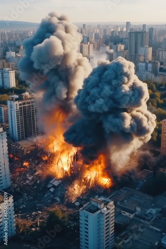 A large fire in the middle of a city. This image can be used to depict a disaster or emergency situation in an urban area.