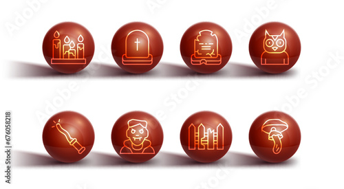 Set line Burning candle, Magic wand, Owl bird, Garden fence wooden, Vampire, Tombstone with RIP written, Psilocybin mushroom and icon. Vector