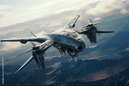 A powerful fighter jet soaring through the sky above a majestic mountain range. Perfect for military, aviation, and adventure-themed designs.