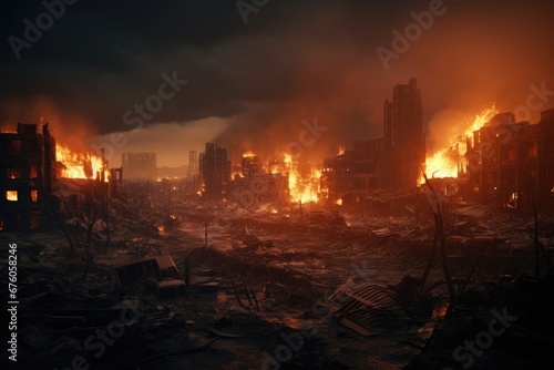 A picture capturing a blazing fire in the midst of a cityscape. This intense image can be used to illustrate the dangers of urban fires and the importance of fire safety measures.