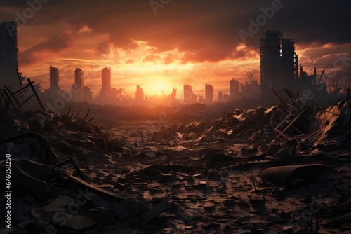 A breathtaking view of the sun setting over a city that has been destroyed, creating a hauntingly beautiful scene. Perfect for post-apocalyptic themes or to depict the aftermath of a disaster.