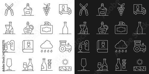 Set line Drought, Tractor, Bottle of wine, Bunch grapes, Wine italian fiasco bottle, Gardening scissors and Cardboard box icon. Vector